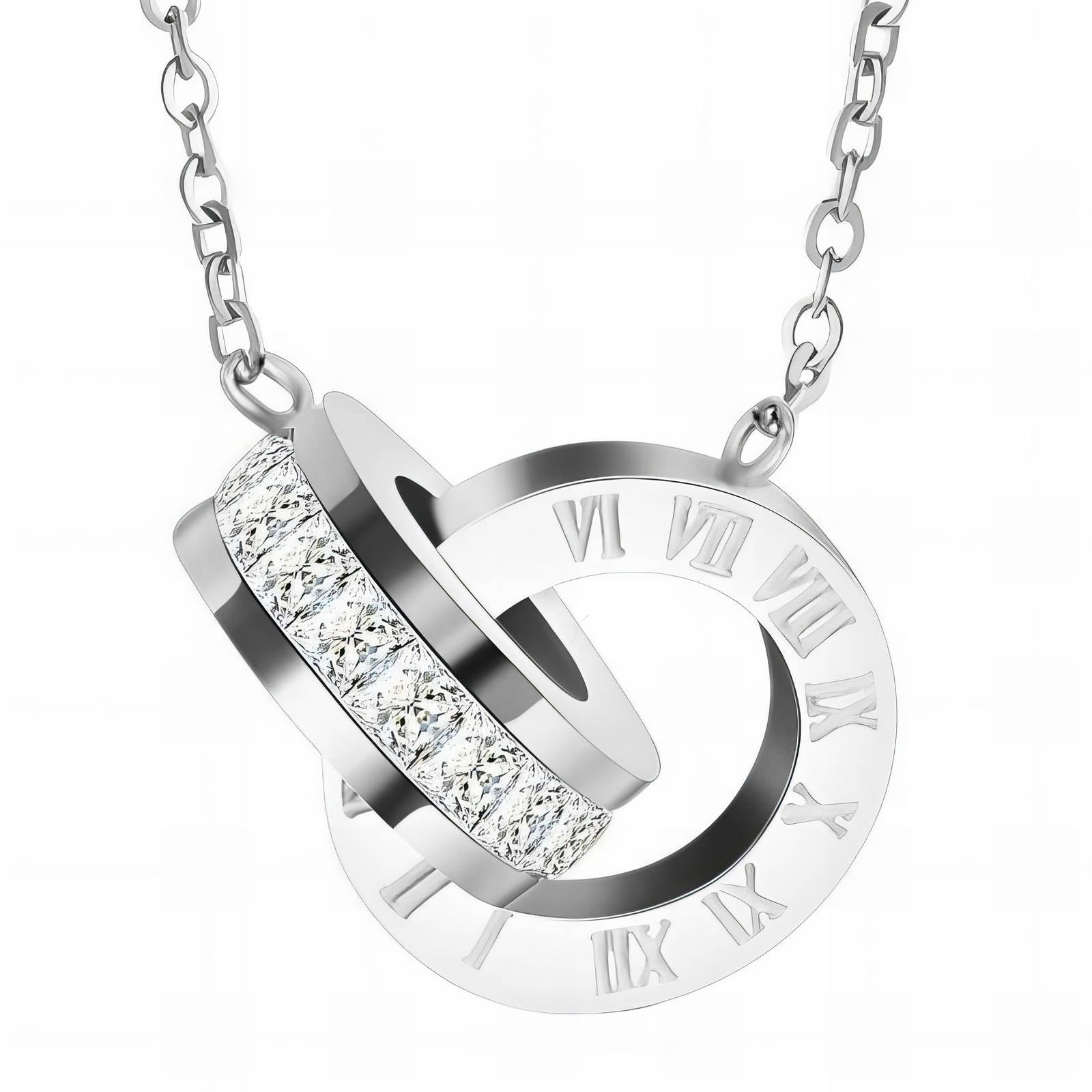 Stainless Steel Necklace joined O encrusted with CZ and Roman Numerals