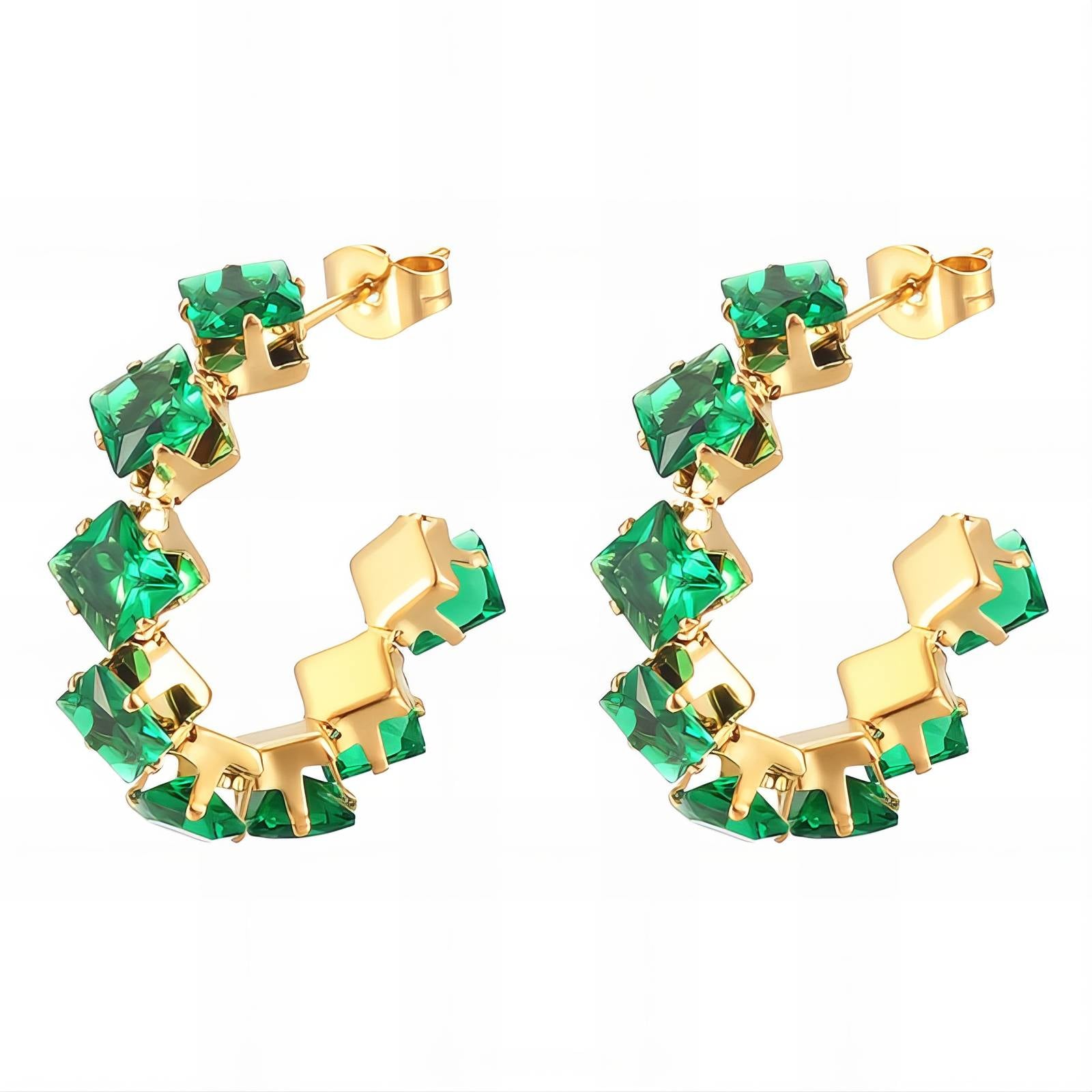 Green CZ stones on 18K Gold Plated Stainless Steel Earrings