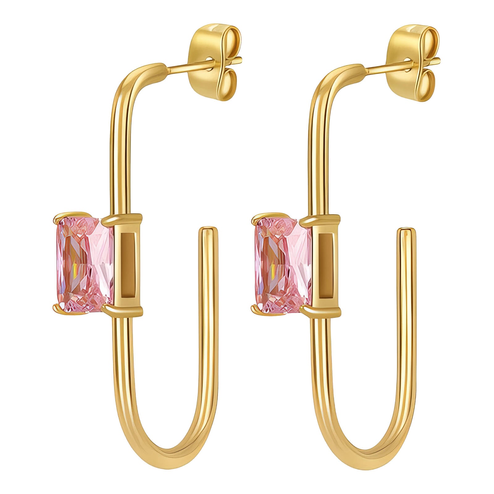 18K Gold plated Stainless Steal Earrings with Pink CZ Stone