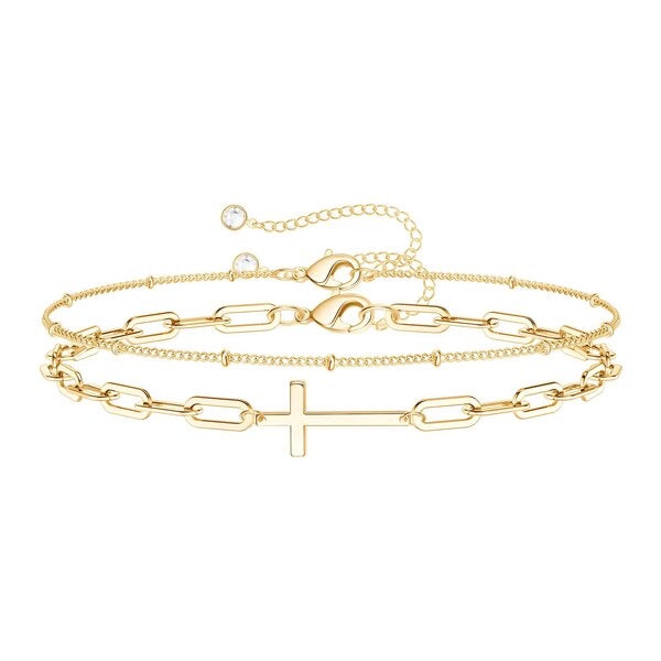 cross paper clip and ball chain set of two Bracelets in 18K Gold Plated