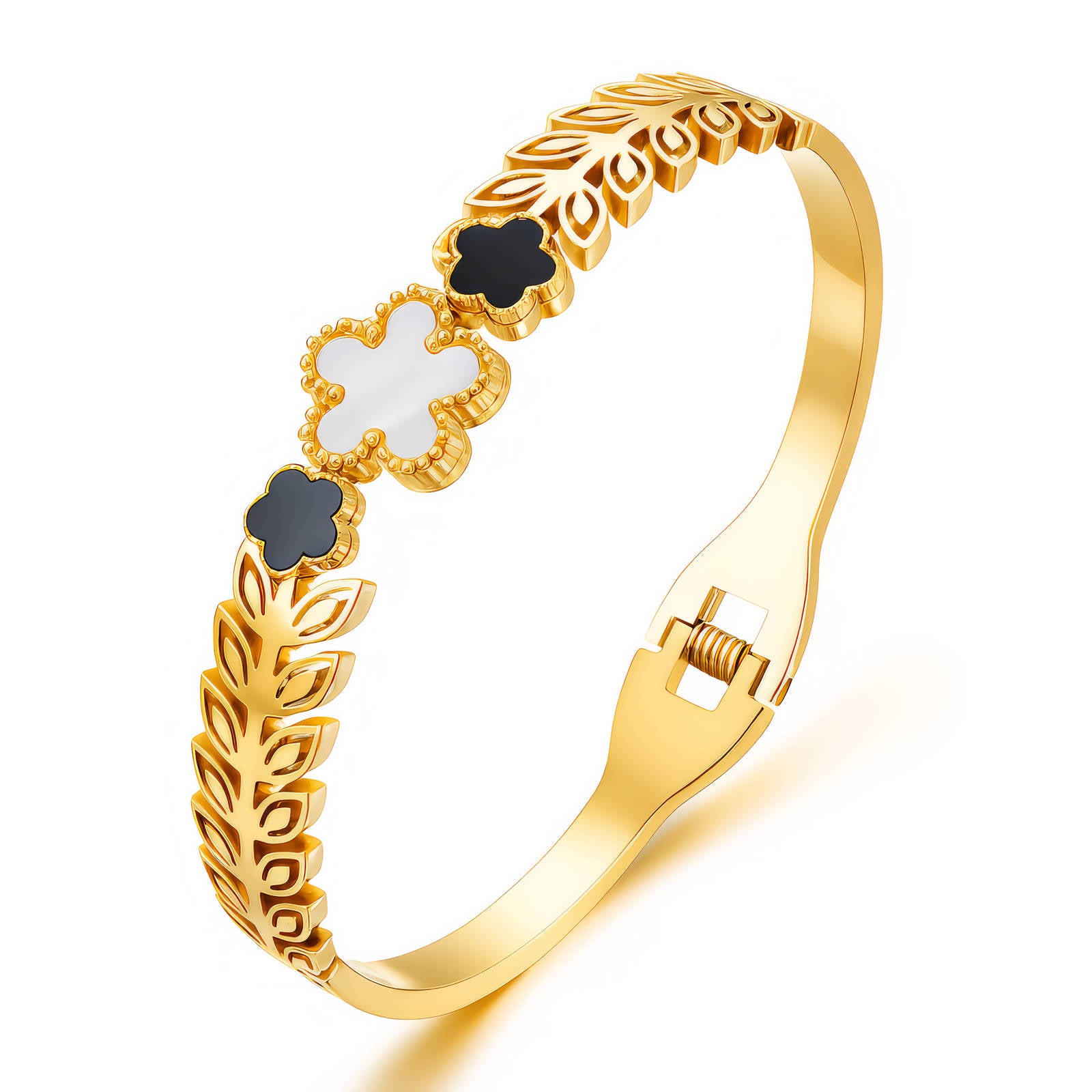 Black and White Flower Hinged Bangle in 18K Gold Plating