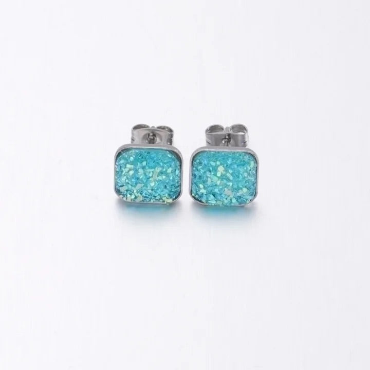 Druzy Stone Stainless Steel Earrings Sea Blue