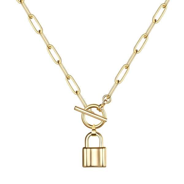 18K Gold Plated Lock Necklace - Paperclip Chain with Toggle Clasp