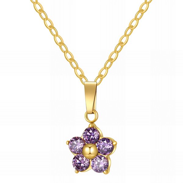 18K Gold Plated Purple Flower Necklace - CZ Floral Charm Pendant