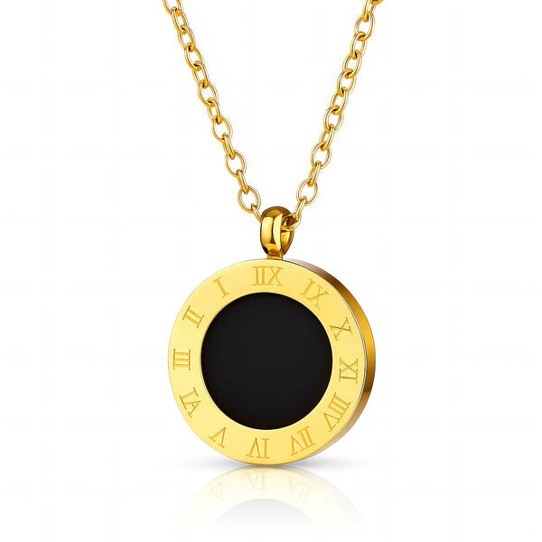 18K Gold Plated Roman Numeral Necklace - Black Inlay Circle Pendant