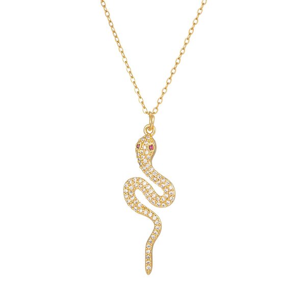 18K Gold Plated Snake Necklace - Clear CZ Body with Red Eyes